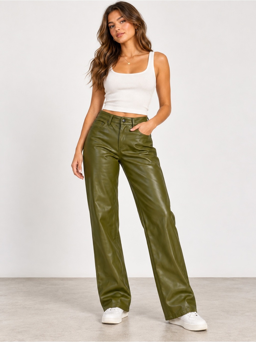 Olive Green women Faux Leather Pants